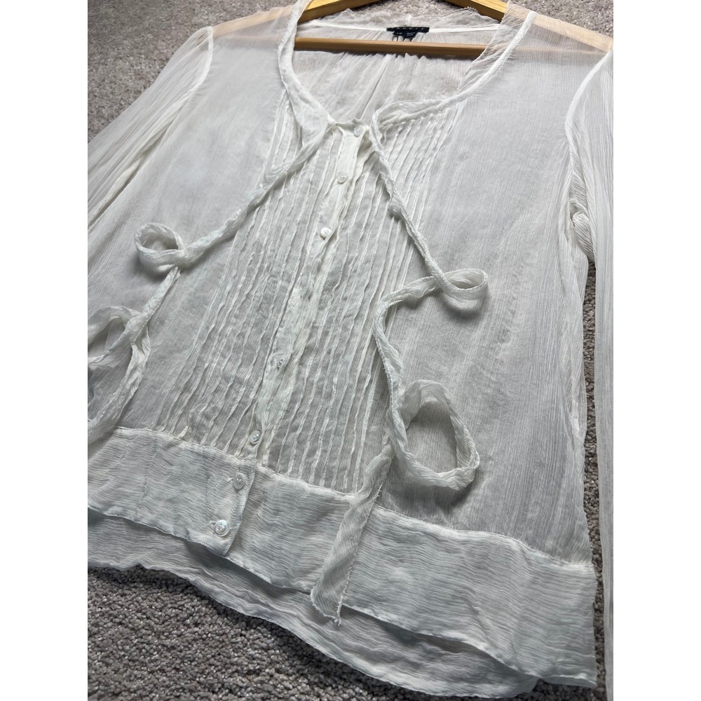Theory White Sheer Pintuck Pleated Button Front Blouse Top Large Romantic Gauze - Picture 10 of 10